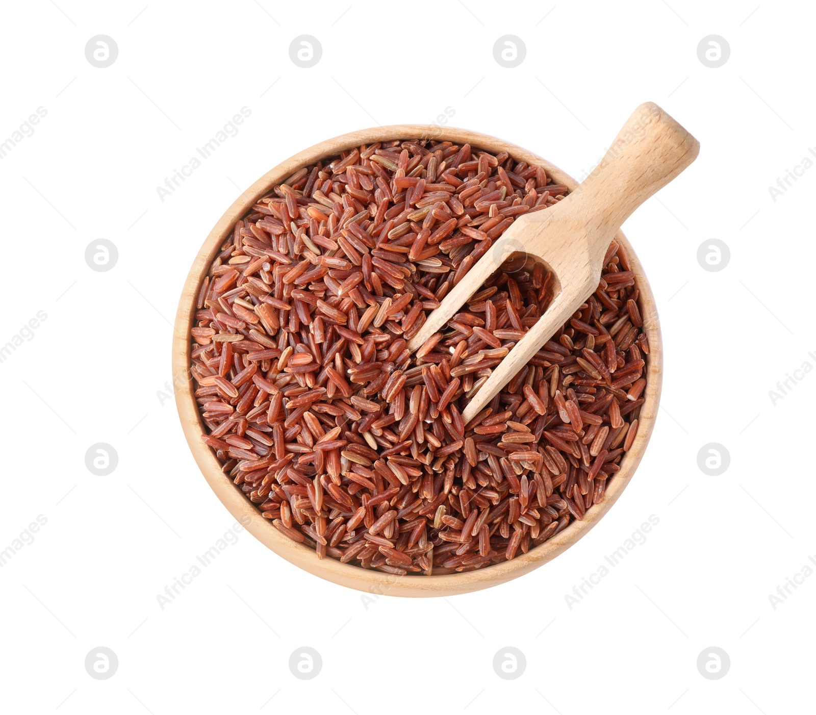 Photo of Brown rice and scoop in bowl isolated on white, top view