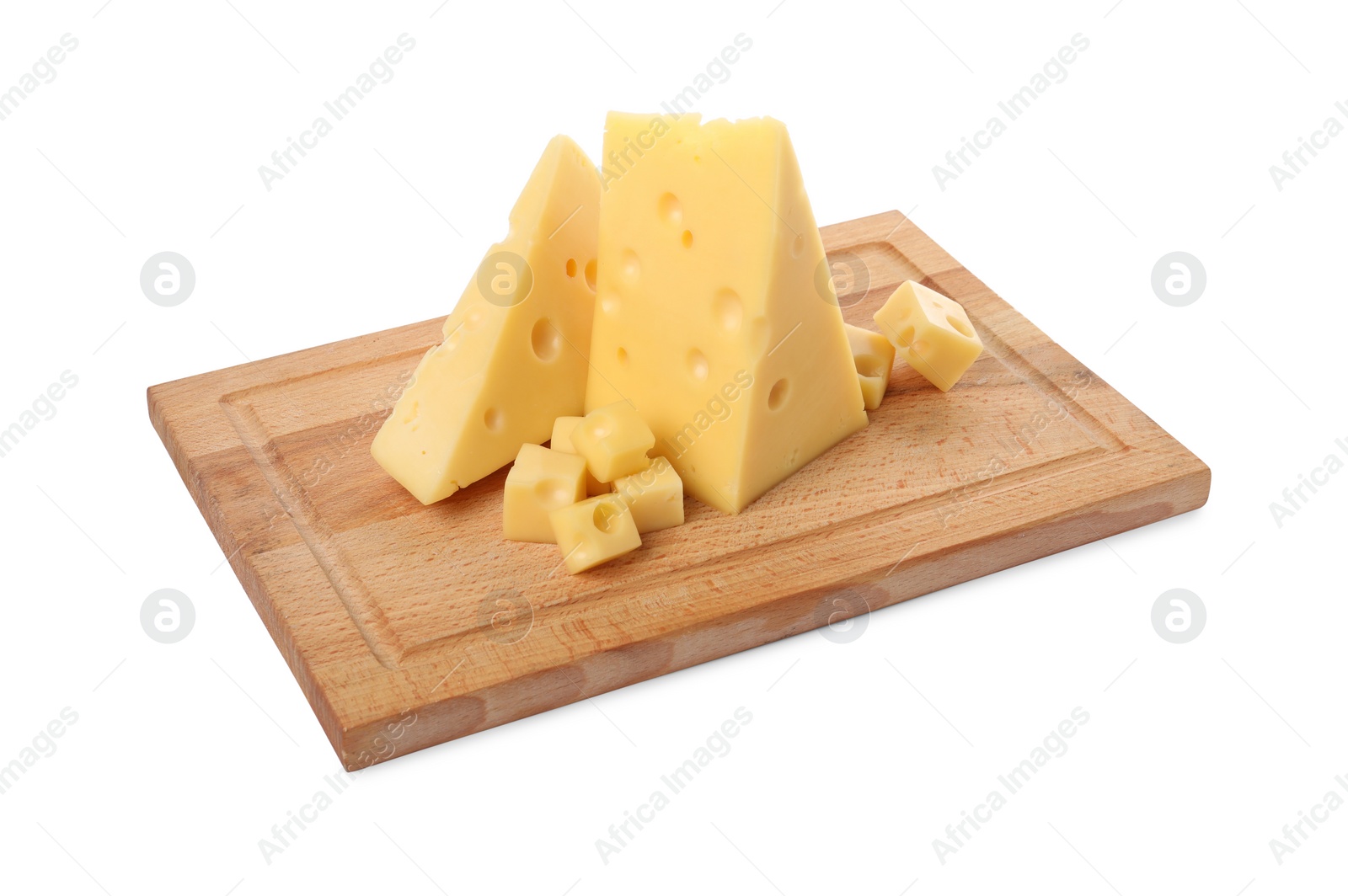 Photo of Cut fresh delicious cheese isolated on white