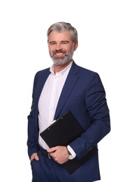Photo of Portrait of smiling man with clipboard on white background. Lawyer, businessman, accountant or manager