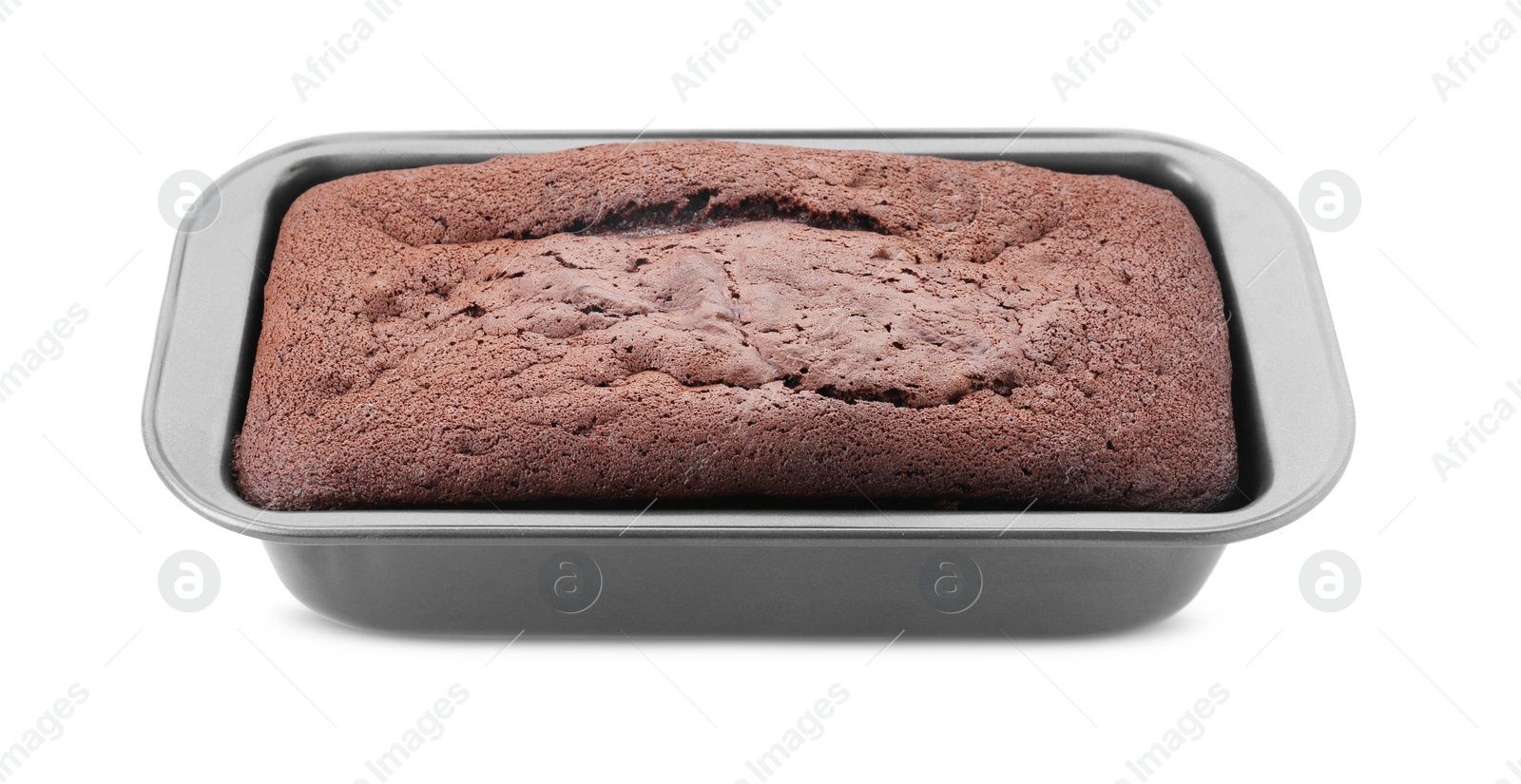 Photo of Delicious chocolate sponge cake in baking pan isolated on white