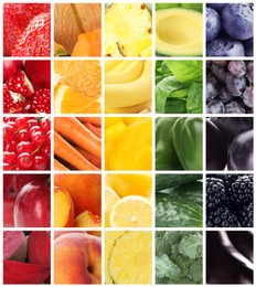 Image of Different fresh fruits, vegetables and berries, collage 