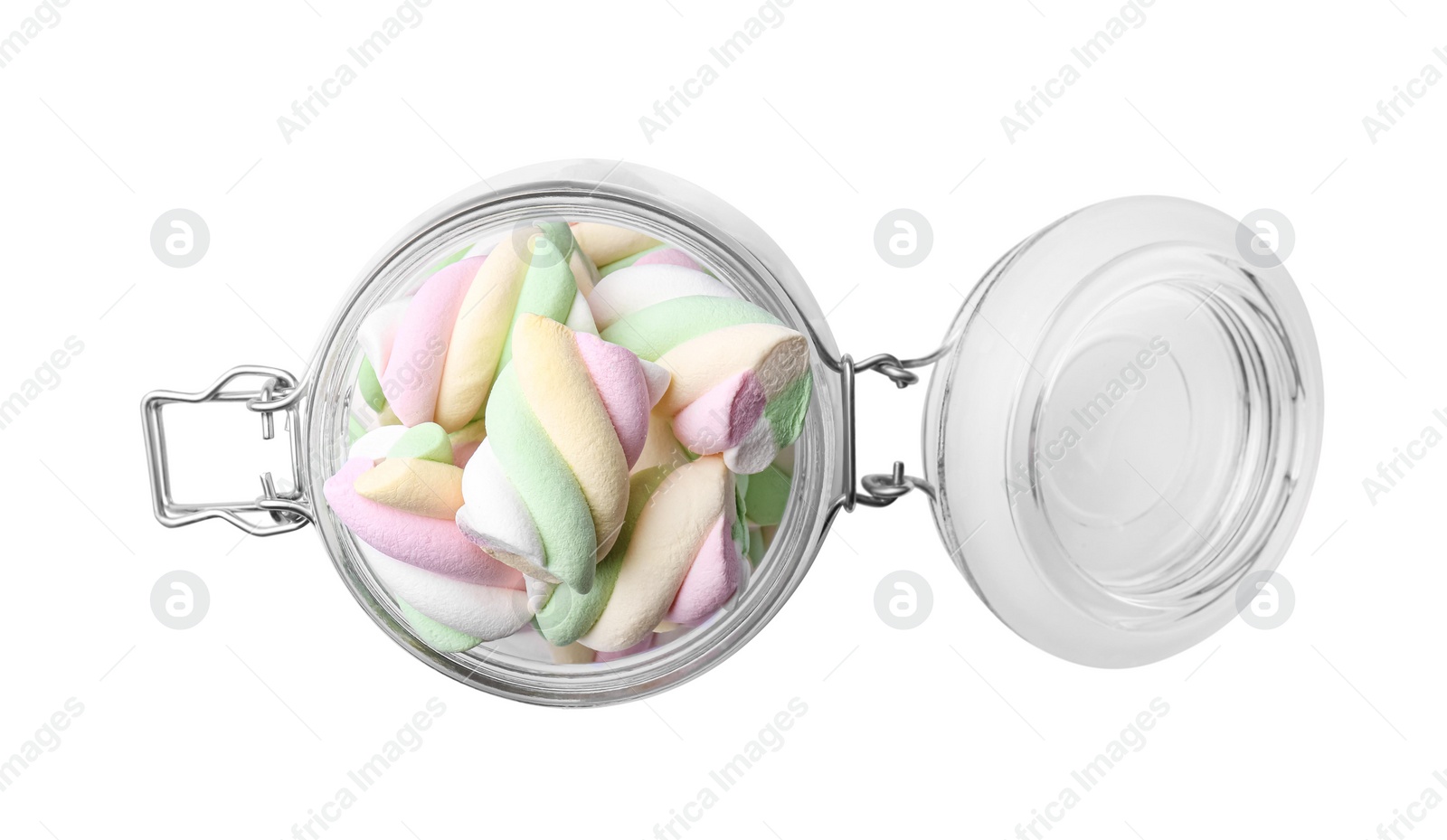 Photo of Glass jar of delicious colorful marshmallows isolated on white, top view