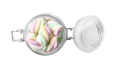 Photo of Glass jar of delicious colorful marshmallows isolated on white, top view