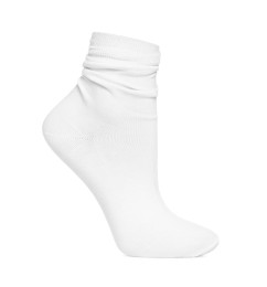 Photo of Textile sock isolated on white. Footwear accessory