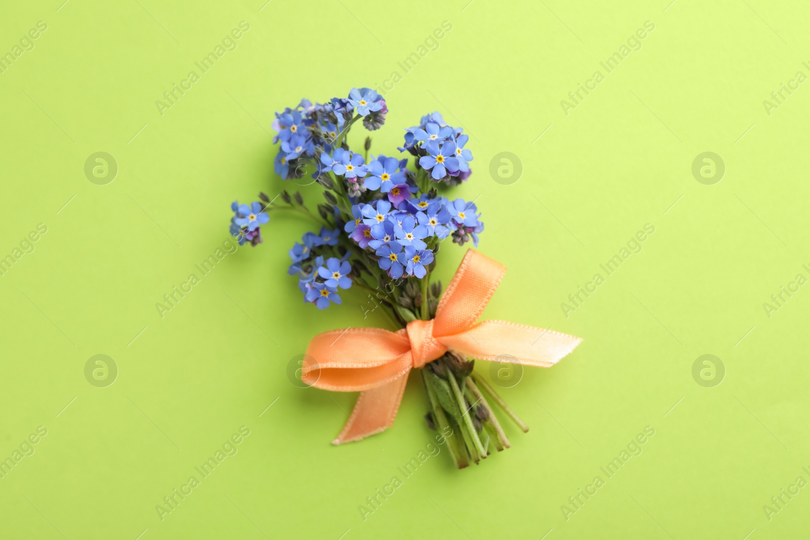 Photo of Beautiful blue forget-me-not flowers tied with ribbon on light green background, top view