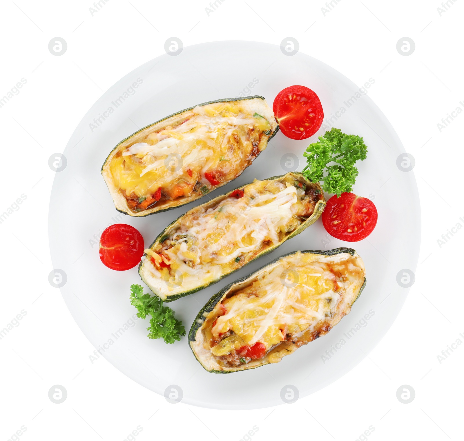 Photo of Baked stuffed zucchinis on white background, top view