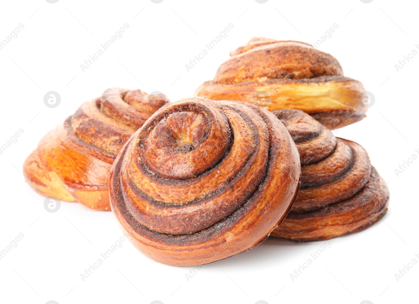 Photo of Freshly baked cinnamon rolls on white background