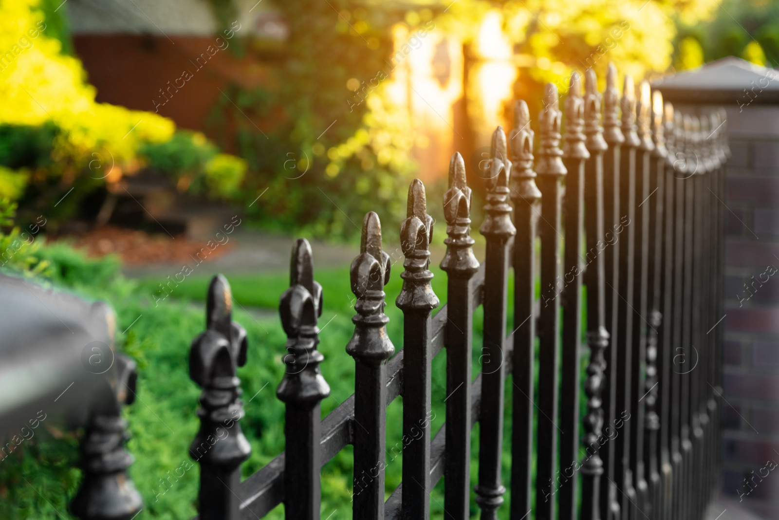 Photo of Railing of beautiful black iron fence outdoors, closeup