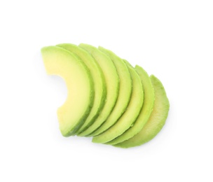 Slices of ripe avocado on white background