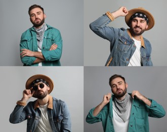 Image of Collage with photos of man wearing stylish bandanas on light grey background