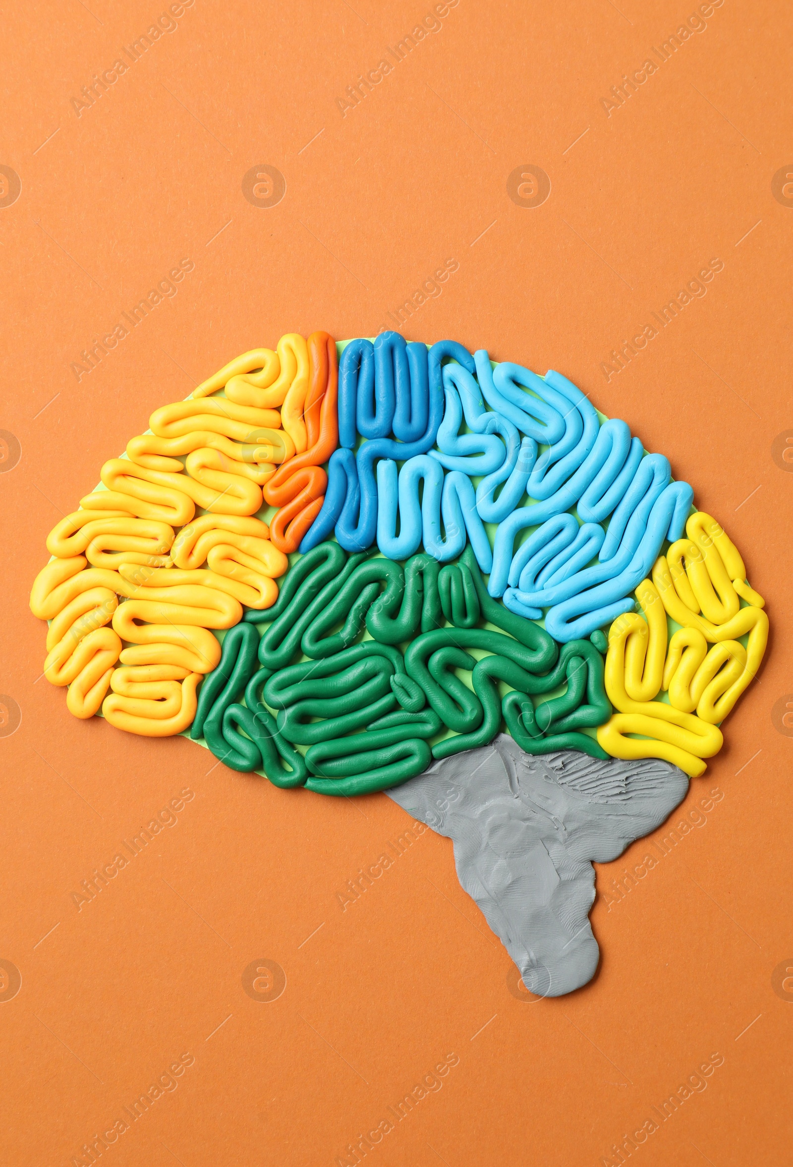 Photo of Amnesia problem. Brain with sections made of plasticine on orange background, top view