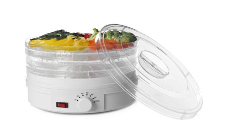 Photo of Modern dehydrator machine with different vegetables on white background