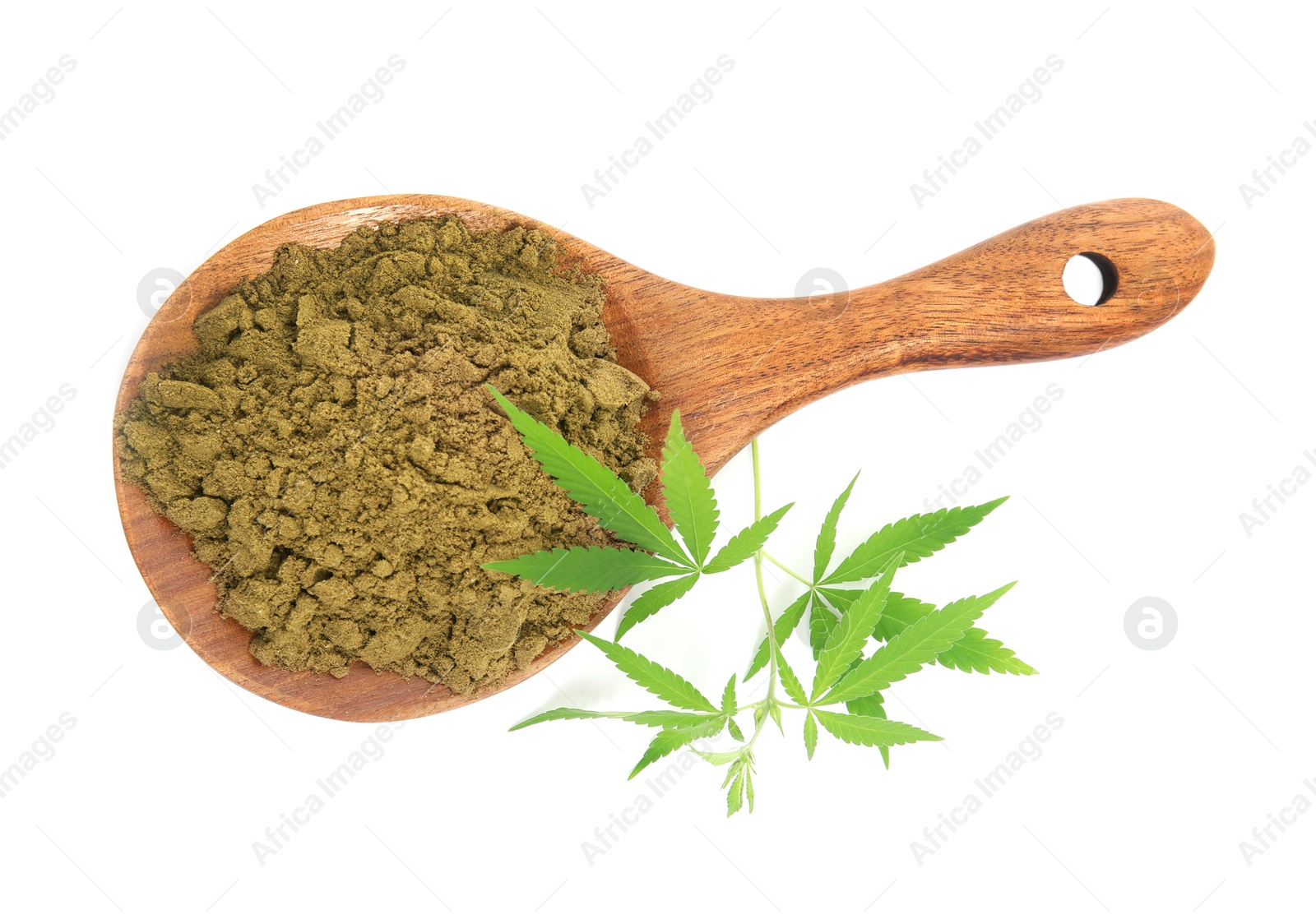 Photo of Wooden spoon with hemp protein powder and fresh leaves on white background, top view