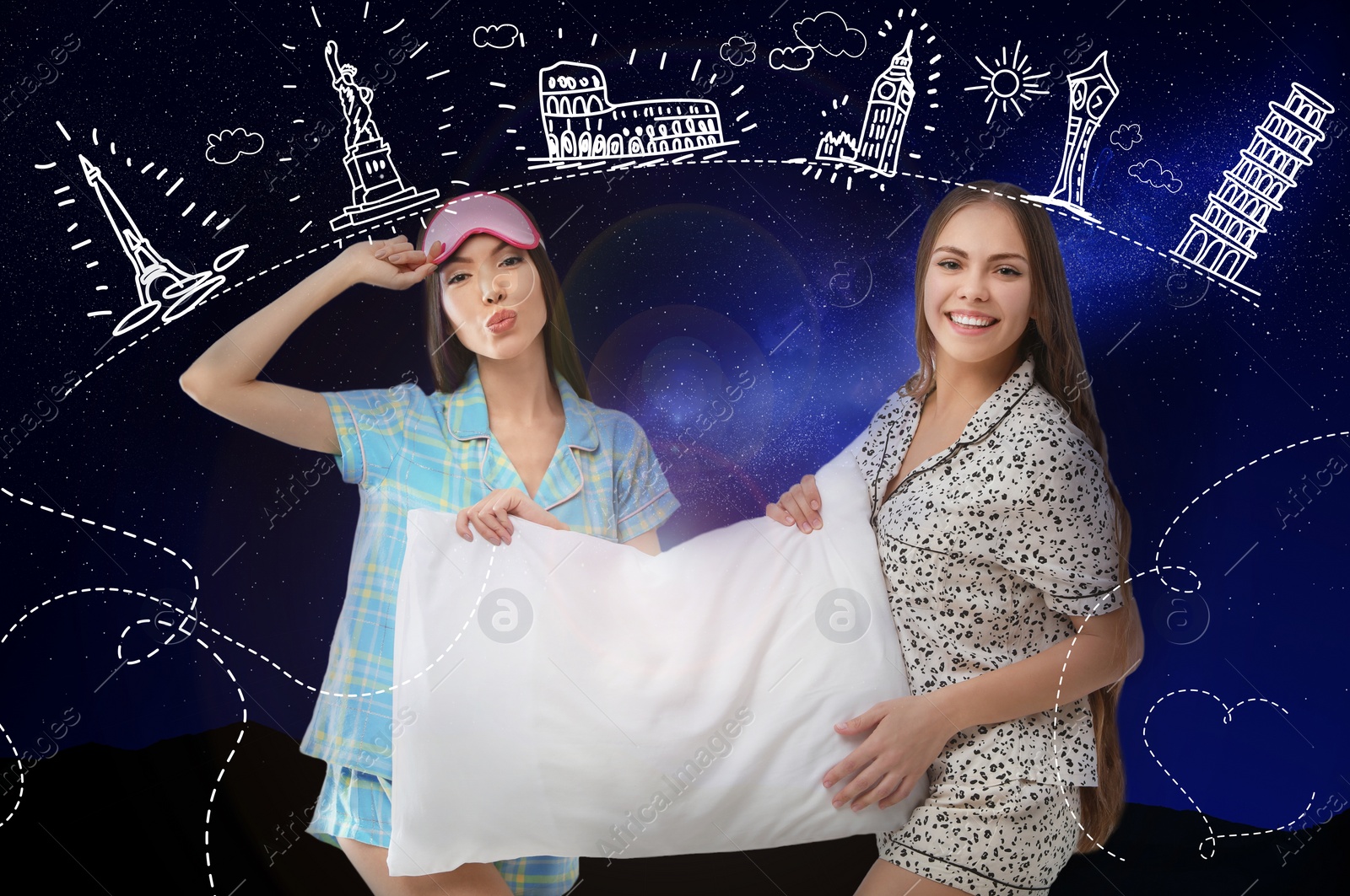 Image of Beautiful women with pillow dreaming about travelling, night starry sky on background
