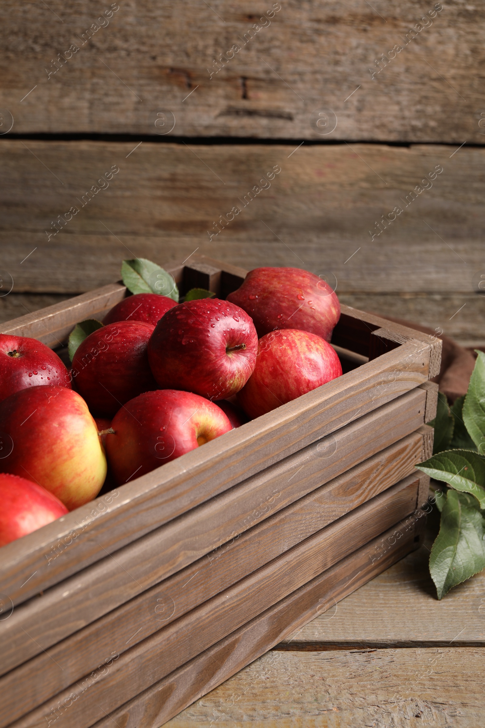Photo of Ripe red apples with water drops in crate and green leaves on wooden table