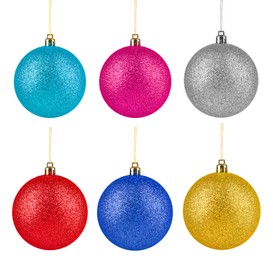 Image of Bright Christmas ball hanging on white background, collection