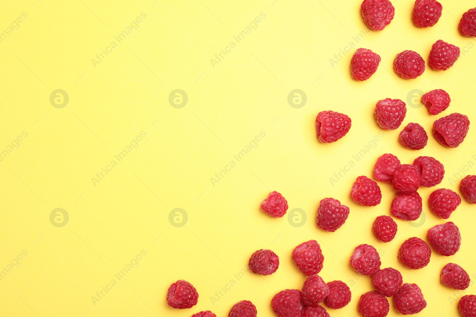 Photo of Flat lay composition with ripe aromatic raspberries on color background