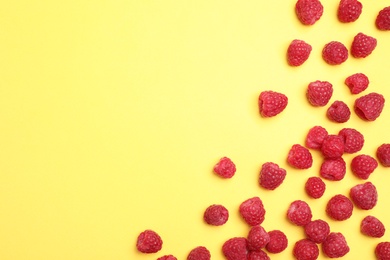 Flat lay composition with ripe aromatic raspberries on color background