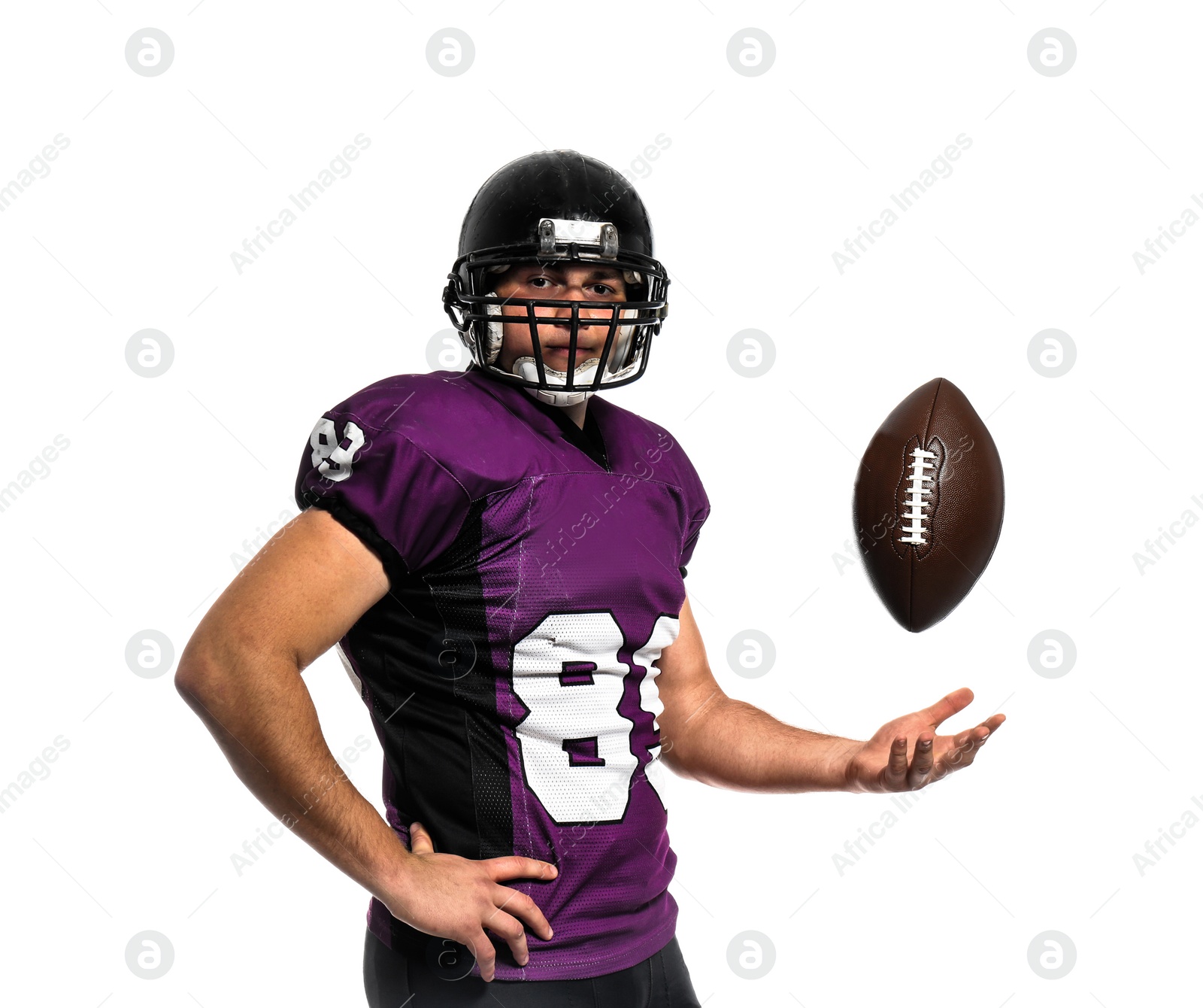 Photo of American football player with ball on white background