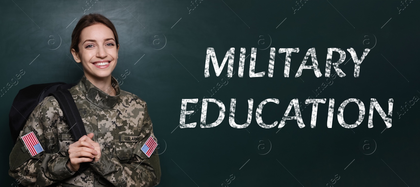 Image of Military education. Cadet with backpack near green chalkboard