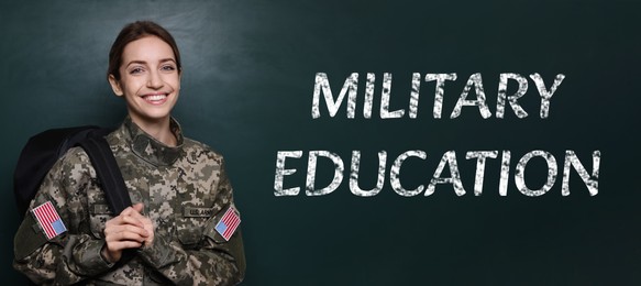 Military education. Cadet with backpack near green chalkboard