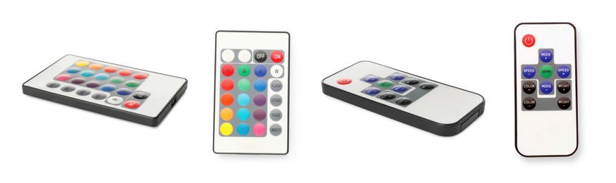 Image of Collage of different remote controllers on white background, top and side views