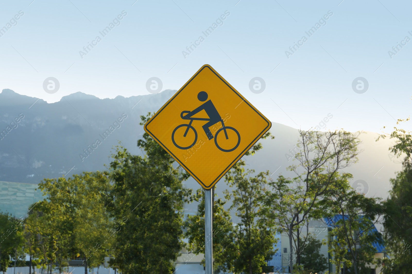 Photo of Road sign with cycle route on city street