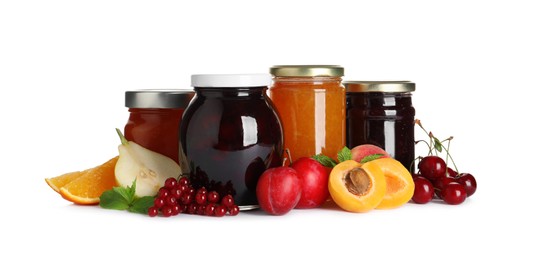 Photo of Jars with different jams and fresh fruits on white background