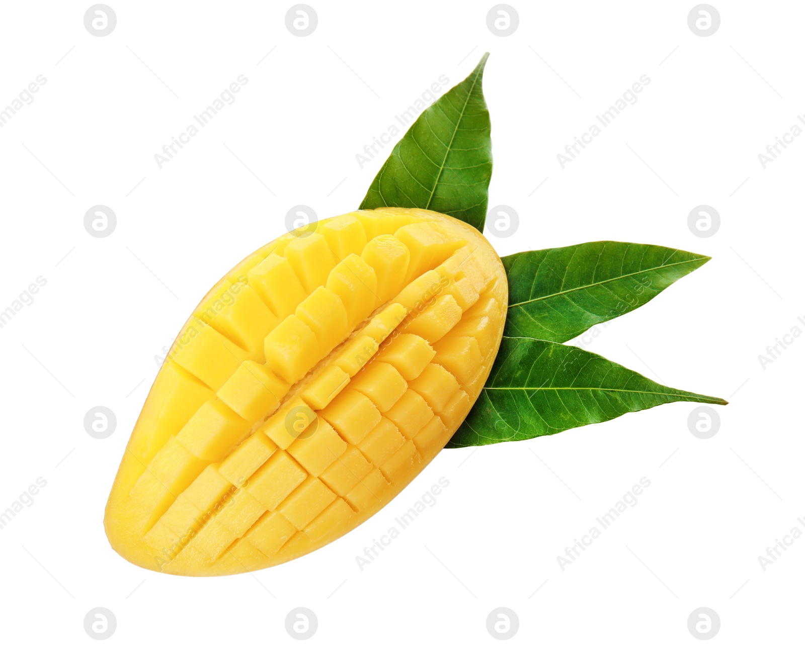 Photo of Fresh juicy mango half and leaves on white background, top view