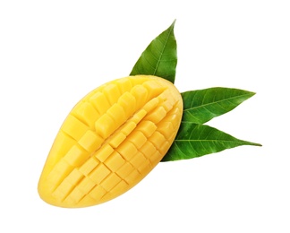 Fresh juicy mango half and leaves on white background, top view