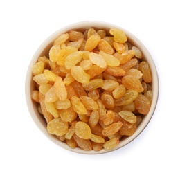 Bowl with dried golden raisins isolated on white, top view. Healthy nutrition with fruits