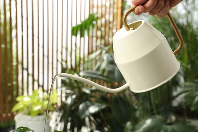 Woman watering beautiful house plant from can, closeup