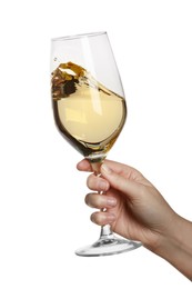 Woman with glass of wine isolated on white, closeup