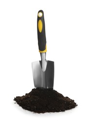Photo of Trowel and soil on white background. Gardening tool