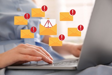 Image of Woman using laptop, closeup. Spam message notifications above device, illustration