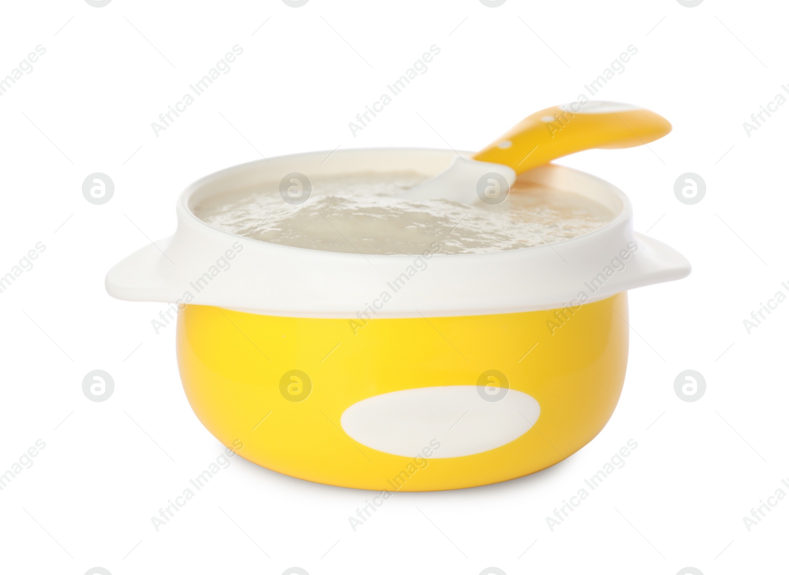 Photo of Healthy baby food in bowl on white background