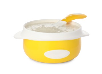 Photo of Healthy baby food in bowl on white background