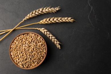 Dried ears of wheat and grains in bowl on black table. Space for text