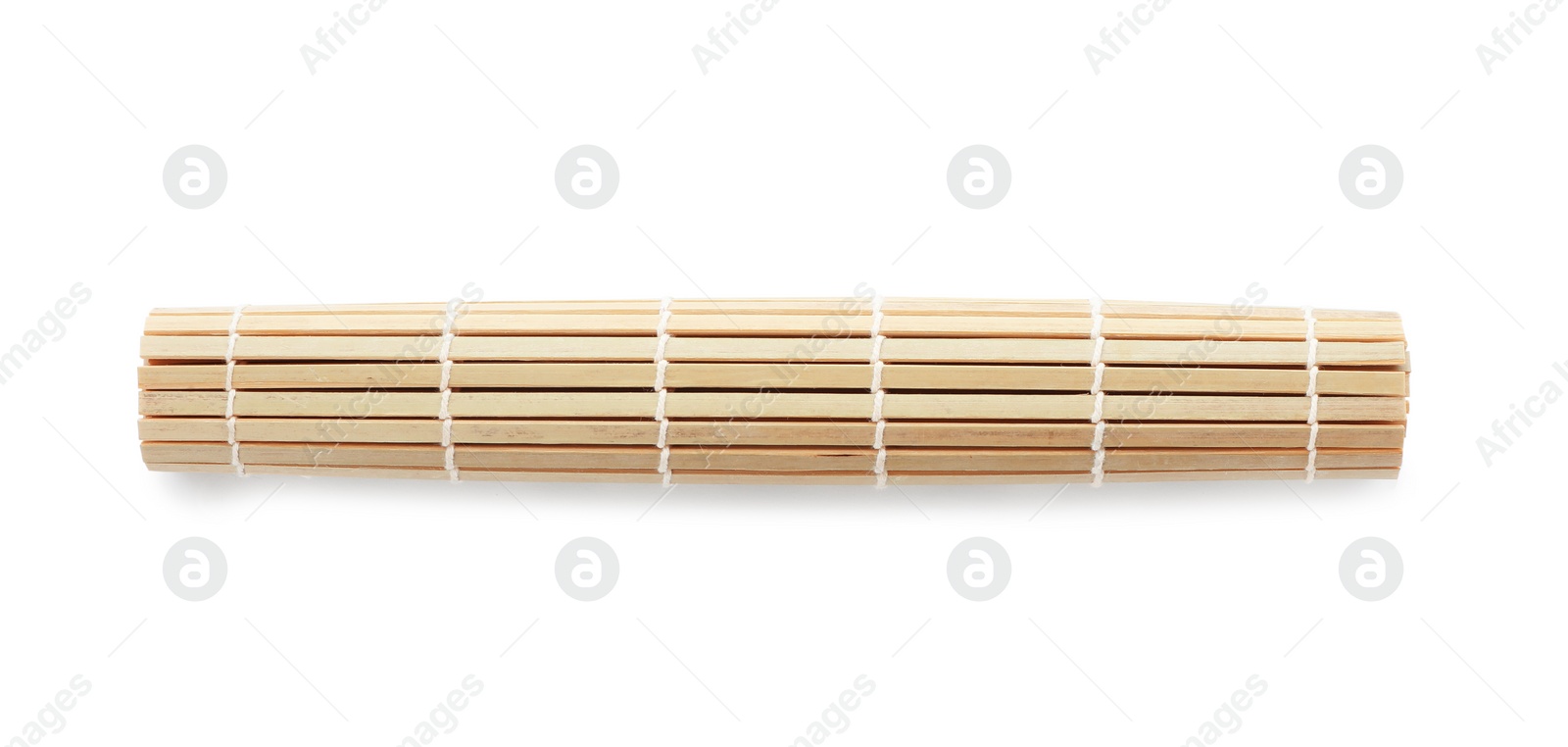 Photo of Rolled sushi mat made of bamboo on white background, top view