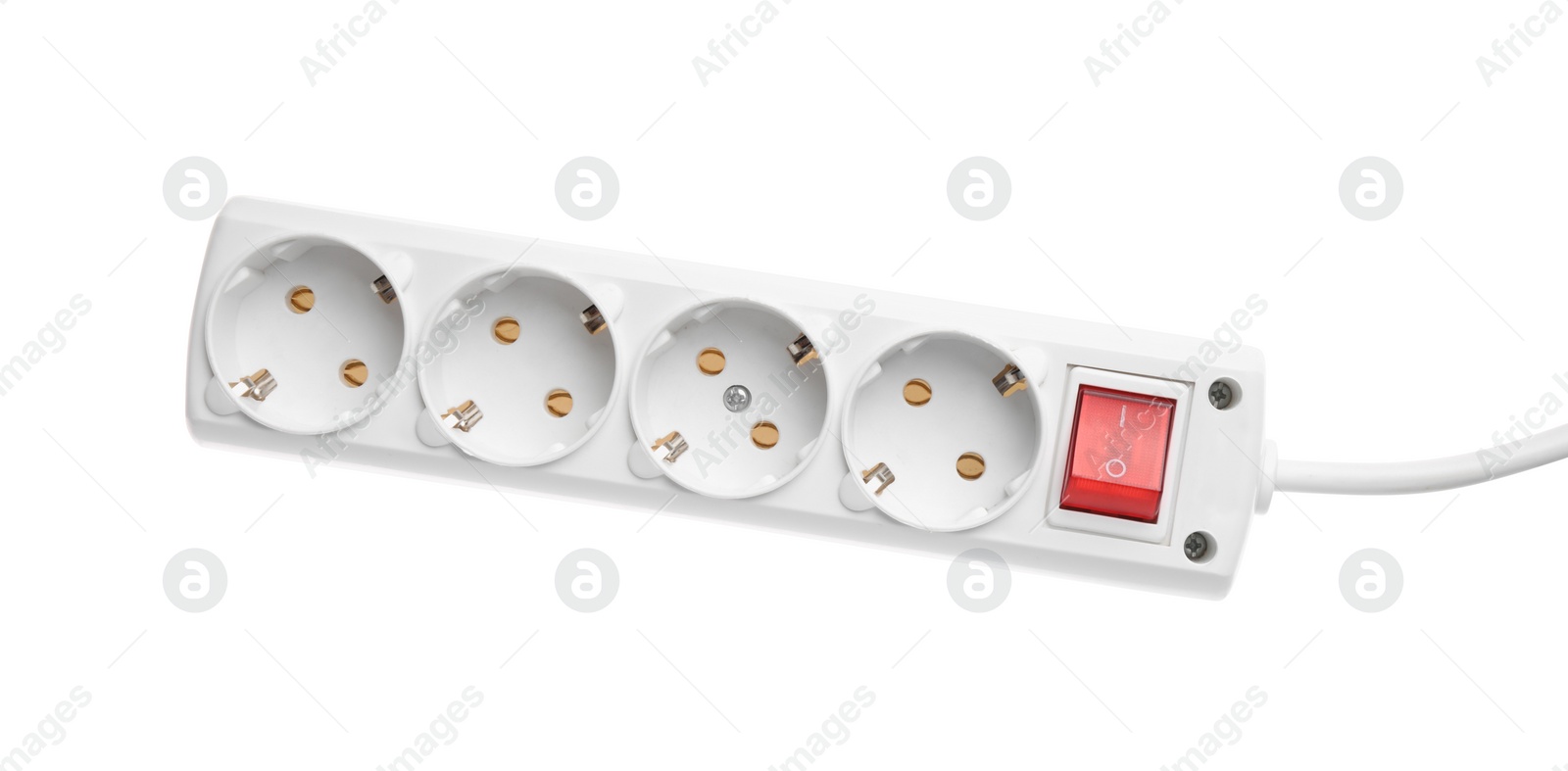 Photo of Power strip on white background, top view. Electrician's equipment