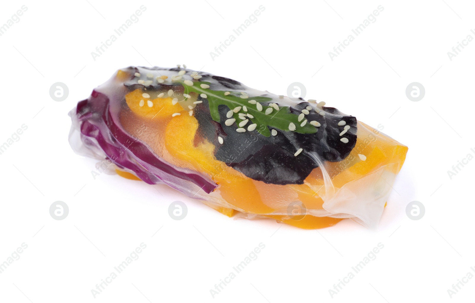 Photo of Delicious roll wrapped in rice paper on white background