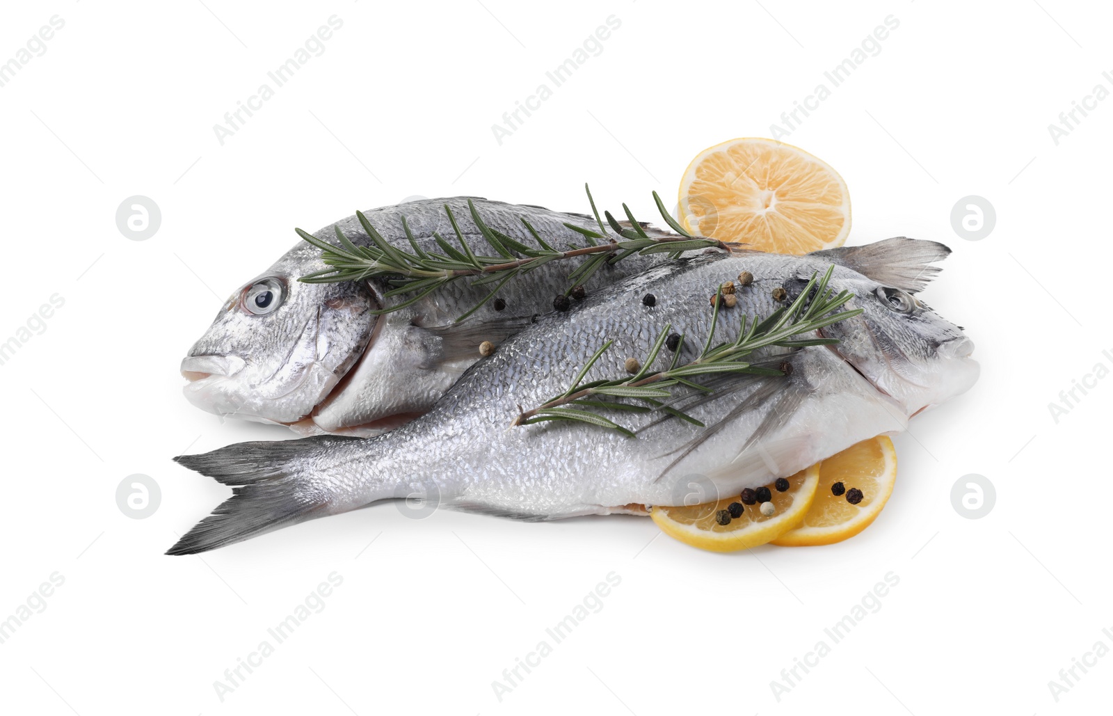 Photo of Raw dorado fish, lemon and spices isolated on white