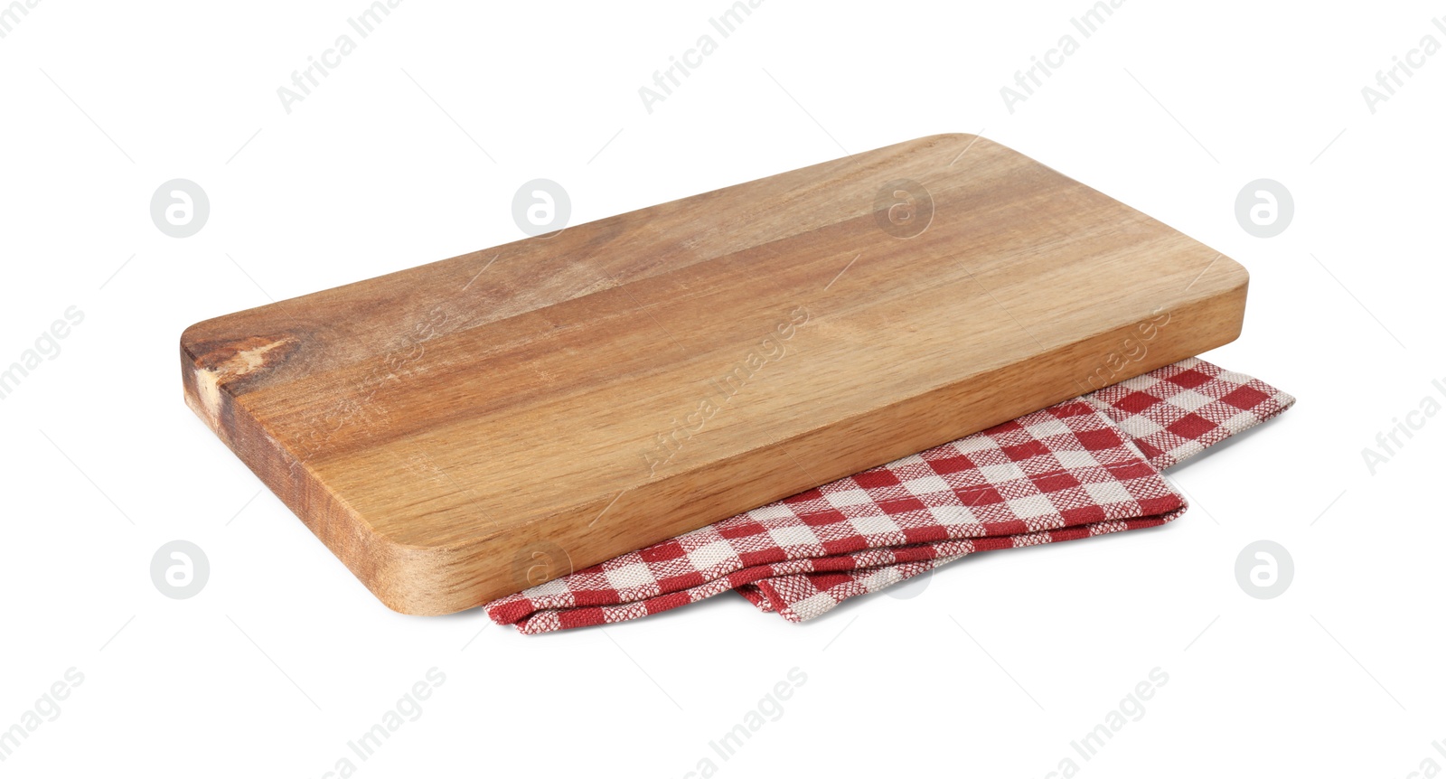 Photo of Wooden cutting board and checkered towel isolated on white