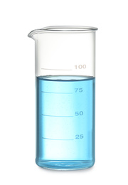 Photo of Beaker with light blue liquid isolated on white