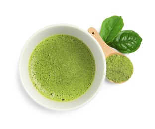 Cup of fresh matcha tea, green powder and leaves on white background, top view