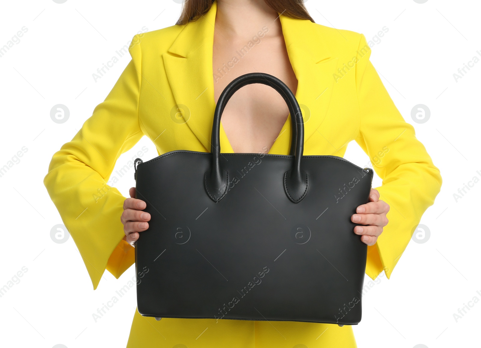 Photo of Young woman with stylish bag on white background, closeup