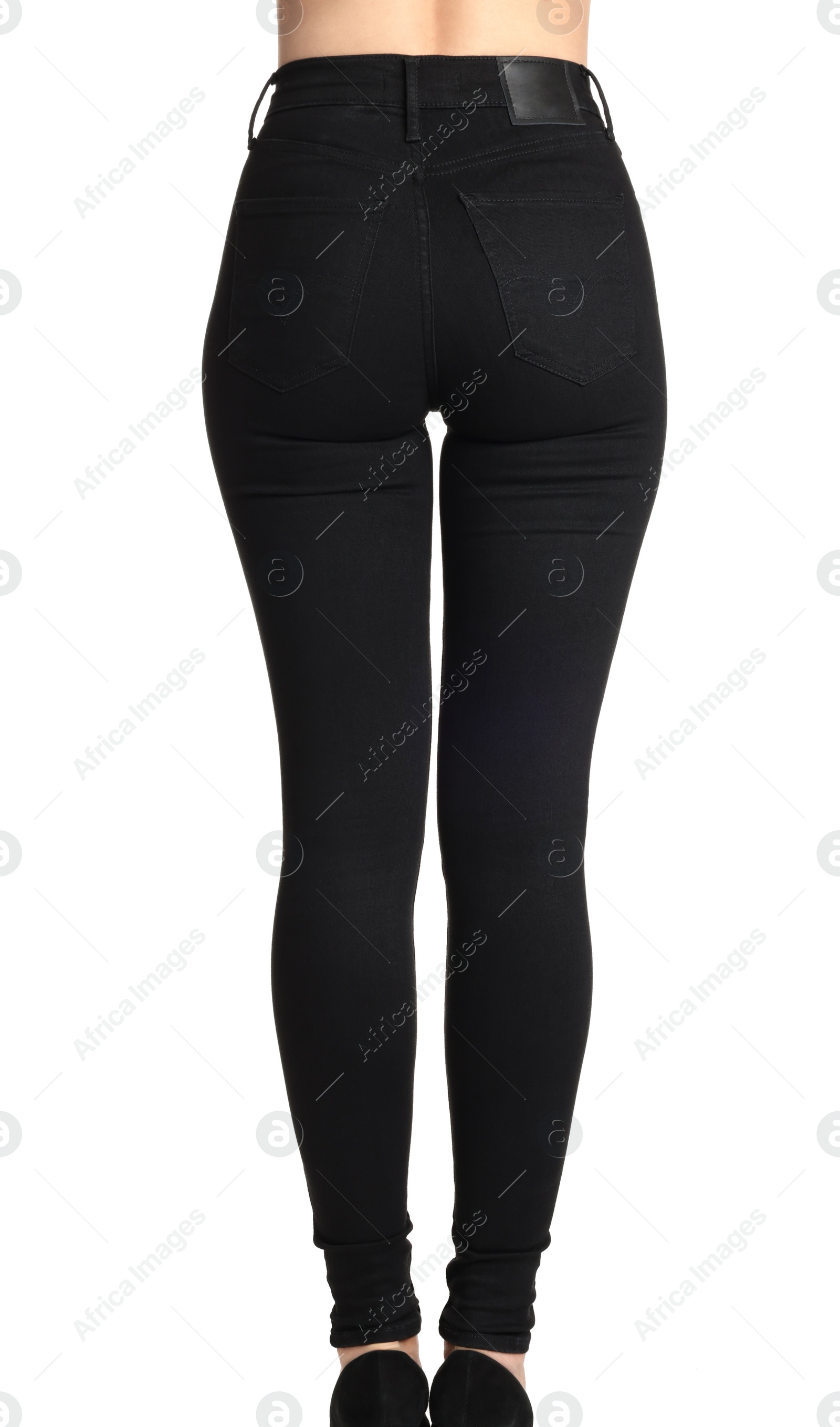 Photo of Woman wearing stylish black jeans on white background, closeup