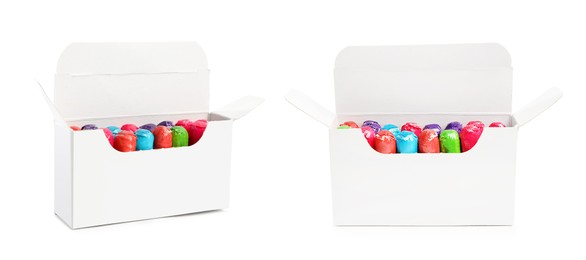 Boxes of tampons on white background, collage. Banner design