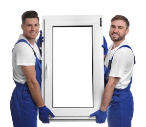 Workers with plastic window on white background. Installation service