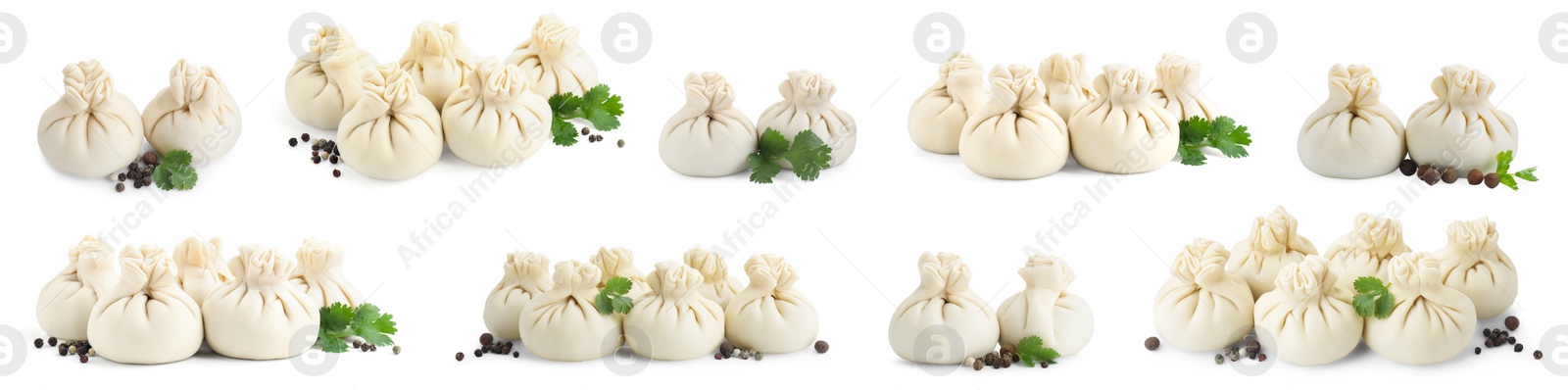 Image of Uncooked khinkalis (dumplings) with parsley and peppercorns isolated on white, set